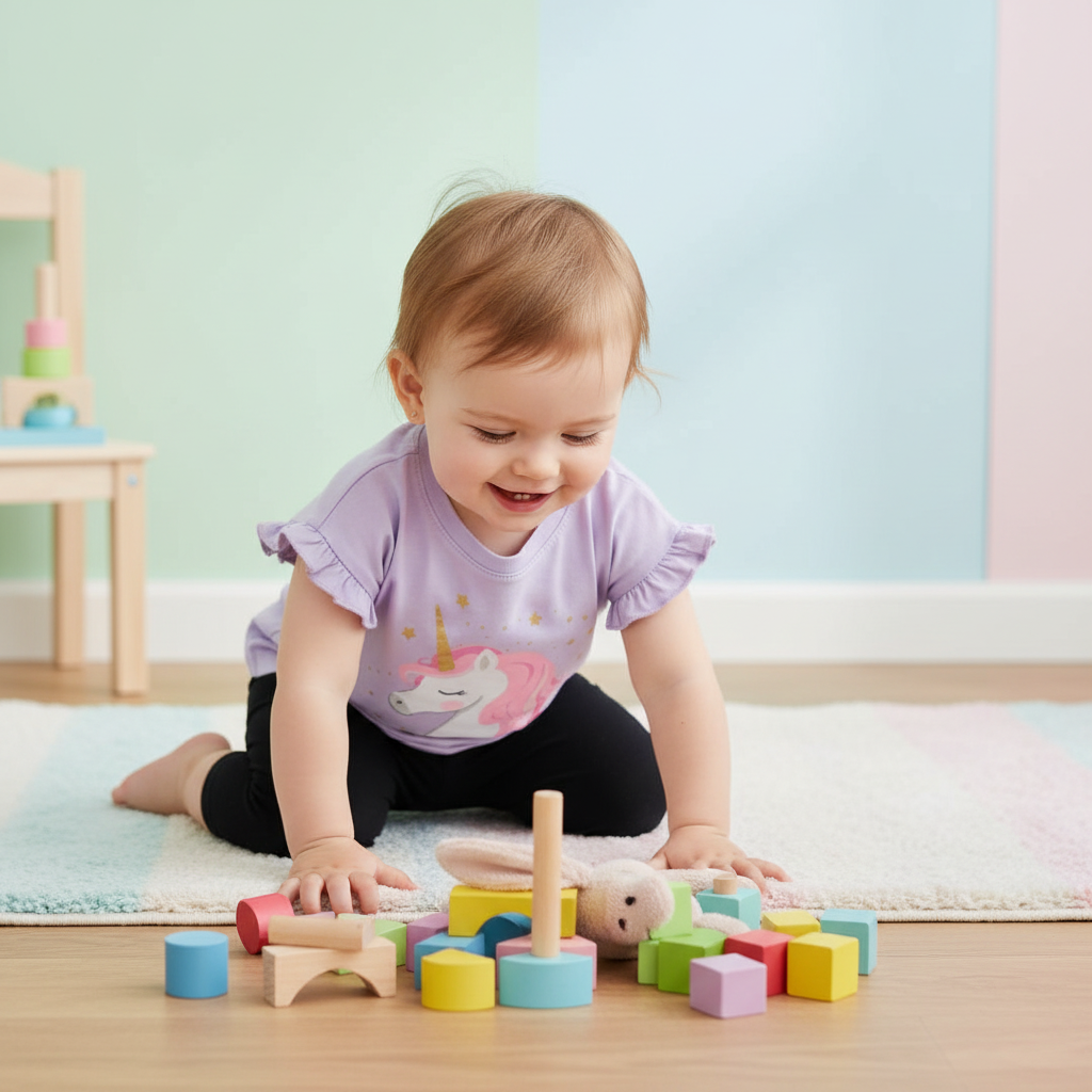 2-year-old baby girl playing on knees