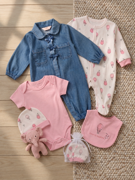 Baby Girl Denim & Balloon Print Gift Set