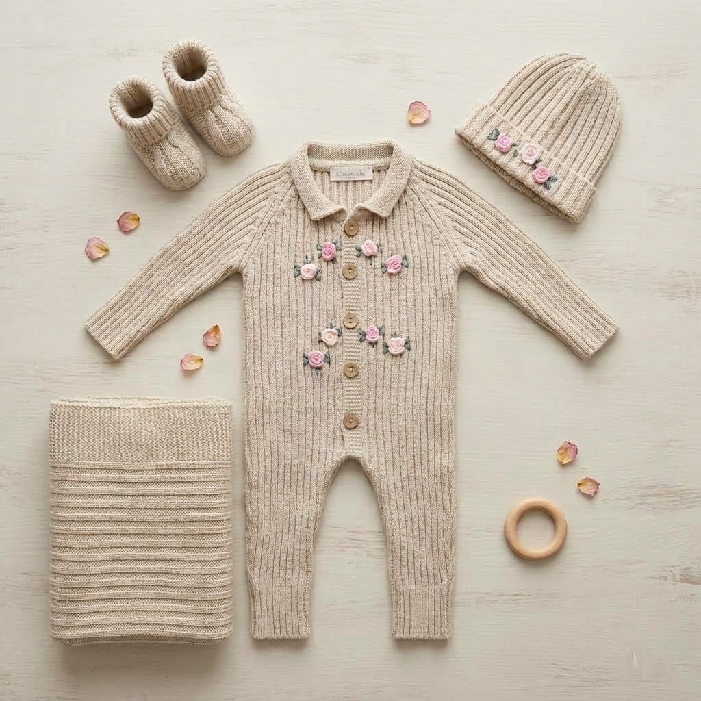 Rosebud Hand Embroidered Knit Gift Set – Newborn
