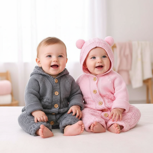 Baby girl and boy with hoods up - open feet