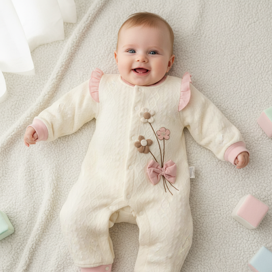 Baby girl wearing cream romper