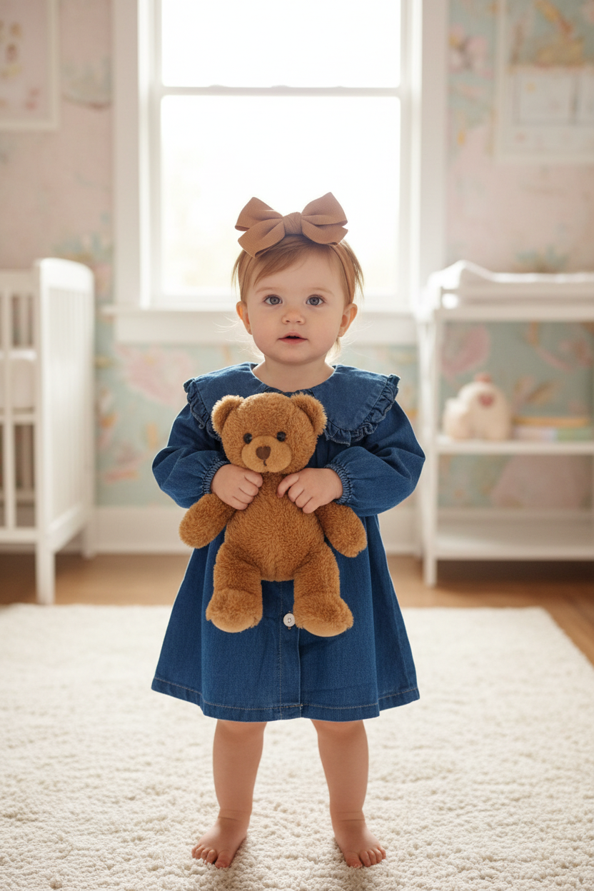 Baby Standing with Teddy Bear