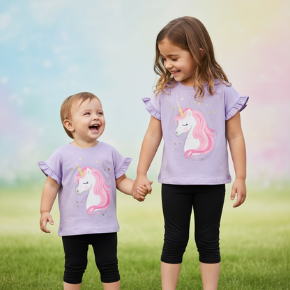 Both girls in unicorn set