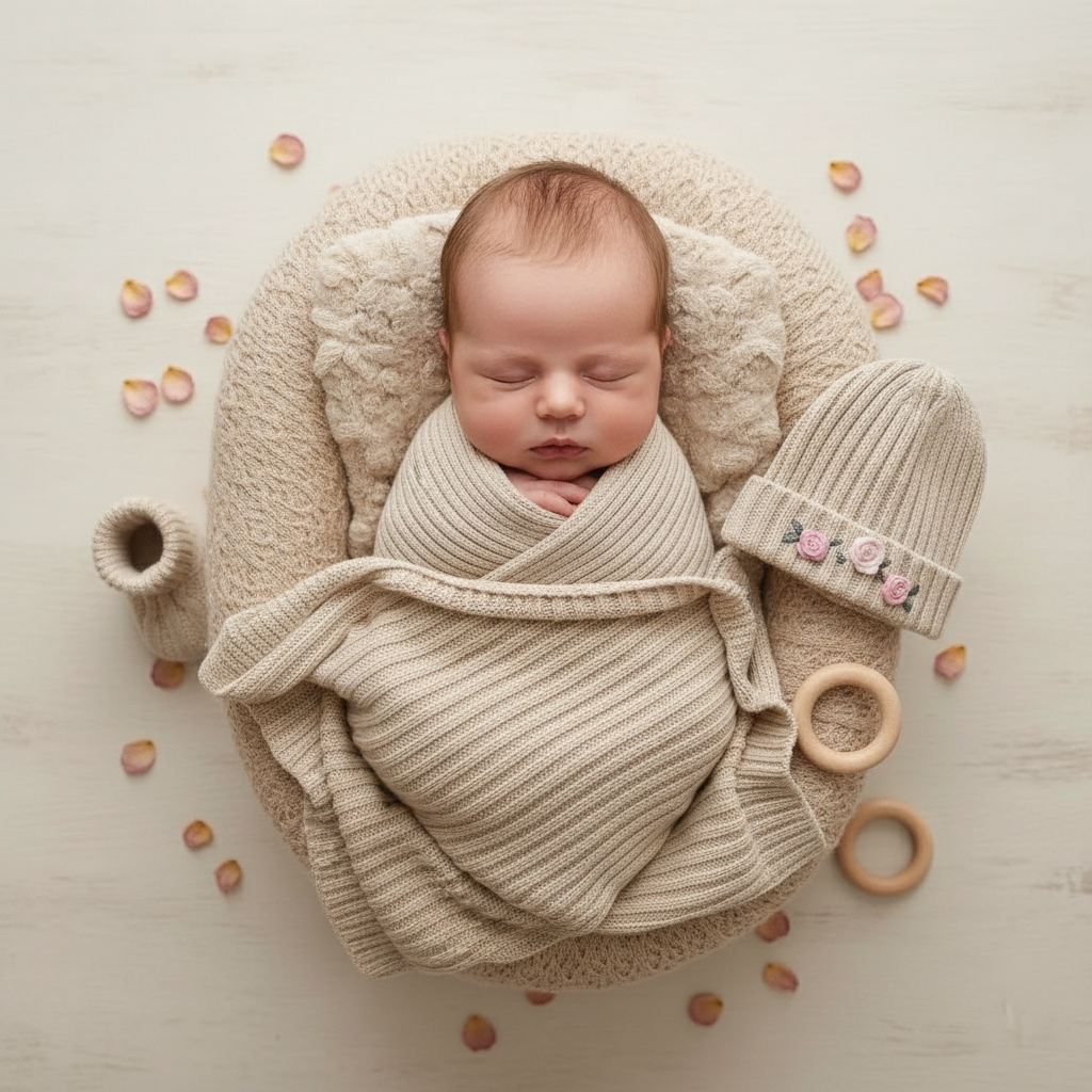 Newborn covered with blanket in nest