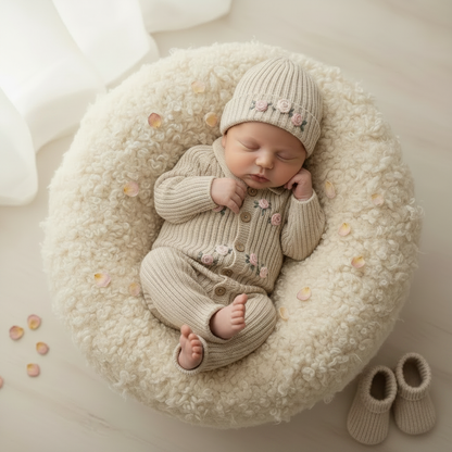 Newborn in nest with booties beside